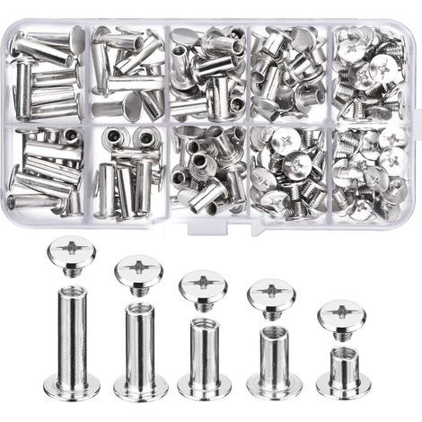 Assortiment de 80 vis Chicago – 5 tailles en acier au carbone plaqué nickel – Pour reliure et décoration en cuir – Boîte de rangement incluse (1/5)