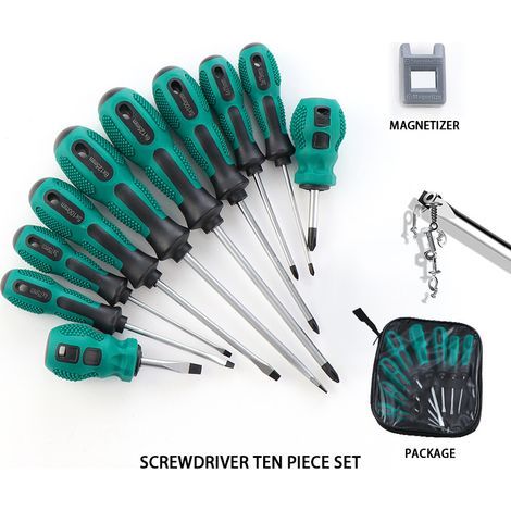Jeu de tournevis magnétiques, jeu de tournevis professionnels de 10 pièces en acier au chrome vanadium, jeu de 5 tournevis plats et 5 tournevis cruciformes, pour fixer et desserrer (1/5)