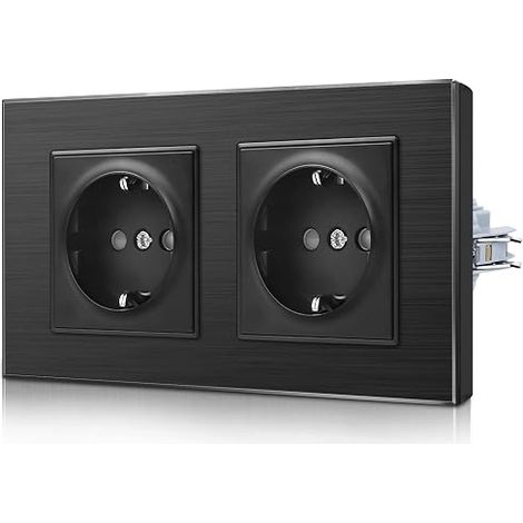 Aluminium double socket with clamping claws flush-mounted protective contact recessed wall socket with aluminium frame 2 compartments black (1/5)