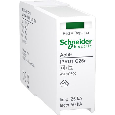Acti9 IPRD1 C25r - Cartouche Parafoudre Type 1+2 1 - 18mm -Phase/Neutre pour 3PN (A9L1C600)