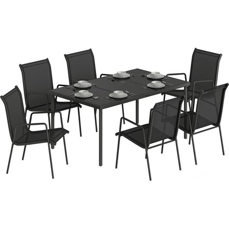 Salon de jardin - ensemble table et chaises jardin - Outsunny - 6 personnes chaises empilables plateau verre trempé - métal - noir