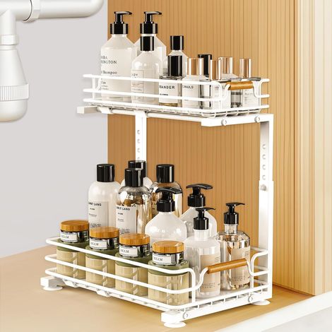 Organisateur Cuisine, 2 étages Métal Rangement sous Evier Extraction, Hauteur Réglable Rangement et Organisation Cuisine, étagère sous Placard Evier, Organisateur épices Travail Cuisine (Blanc) (1/5)