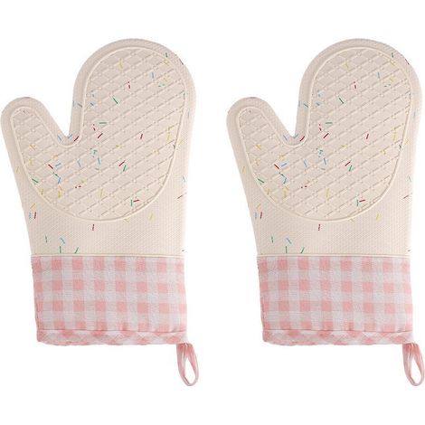 2 rosa Silikon-Ofenhandschuhe, wasserdicht, hitzebeständig, mit Baumwolle gefüttert, mikrowellengeeignet (1/4)