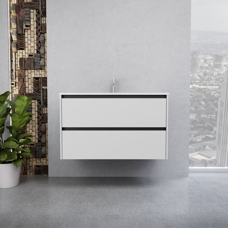 Inda - Badezimmerschrank 2 Schubladen B.100 mit glänzendem Waschbecken / Weiß glänzend - Smeraldo