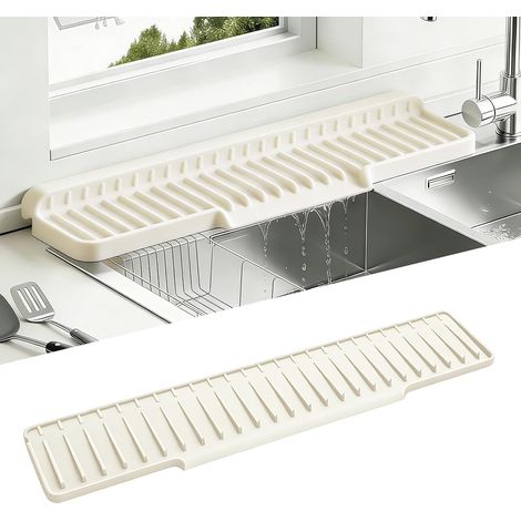 Tapis Evier Cuisine Silicone, Tapis Vaisselle Absorbant & Égouttoir Pliable à Rampe Haute, Protege Evier Cuisine Anti Eclaboussures, Tapis Évier Étroit Long (Blanc cassé, 50 x 10cm) (1/5)