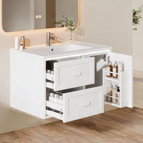 Meuble vasque suspendu 76 cm blanc laqué LED 76 x 46 x 51 cm (1/5)