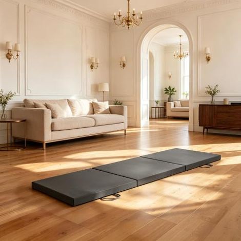 Tappetino da ginnastica pieghevole in tre pezzi, grigio, 180 x 60 x 5 cm, tappetino per yoga e pilates, con maniglie e rivestimento sintetico, spedito vivo. (1/5)