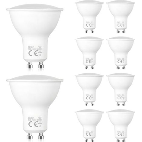 10 Pack Spots LED GU10 5W, Blanc Neutre 4000K, équivalent à Une Ampoule Halogène De 50W, Angle De Faisceau De 120 Degrés, Faible Consommation D'énergie, Convient Aux Plafonniers, Spots Encastrés (1/5)