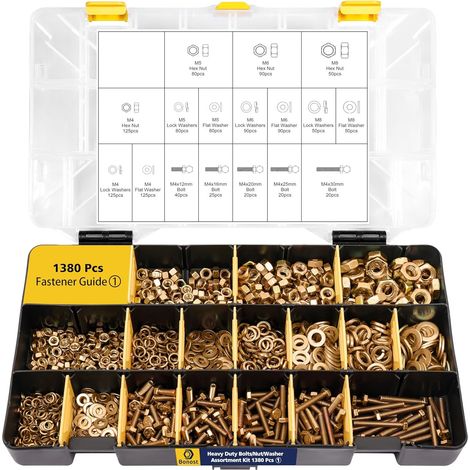 1380PCS Kit Assortiment Boulons Vis Tête Hexagonale TH Classe 8.8 M4 M5 M6 M8 – Zingué Jaune Bichromaté – Écrous Hexagonaux Rondelles Plates Grower Acier Carbone Boîte (1/3)