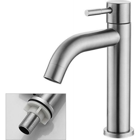 Robinet de Salle de bain, Acier Inoxydable Brossé Simple Froid Lavabo Robinet Eau Type Clé pour la Maison Cuisine Salle de Bains (Robinet Froid Simple de Cylindre) (1/3)