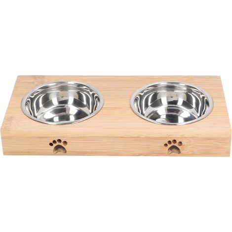 Gamelle double en acier inoxydable pour chats, confortable, antirouille, élégante et facile à nettoyer, avec support en bambou, convient aux chats et aux chiens. (1/5)