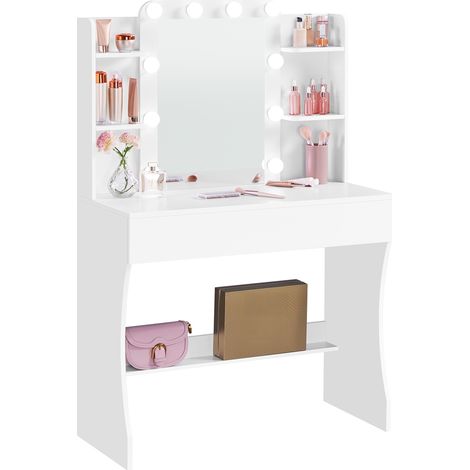 Yaheetech Toeletta Trucco, Postazione Trucco con Specchio e 10 Luci LED a Luminosità Regolabile, Tavolo da Toeletta Salvaspazio con 1 Cassetto Grande e 4 Ripiani, Moderno, 90x40x135,5cm (Bianco) (1/5)
