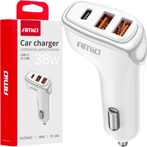 Caricabatterie da auto 2x USB-A + USB-C 38W amio-03886 (1/5)