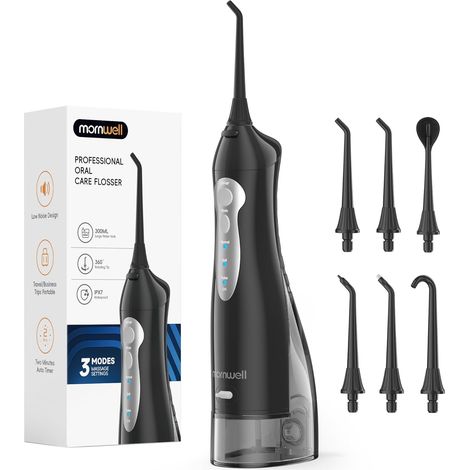 Hydropulseur Jet Dentaire Portable et Irrigateurs Oral 3 modes, 4 Embouts Remplaçables, Rechargeable et Étanche IPX7, Réservoir 300ML (Noir) (1/5)