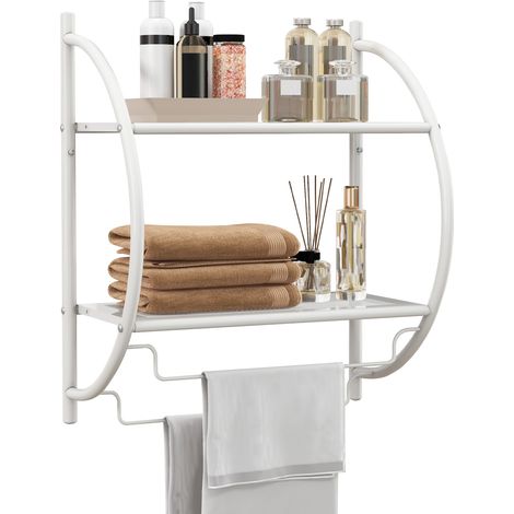 Porte-Serviettes Murale avec 2 Tablettes & 2 Barres, Etagère Mural Cuisine en Métal Chromé INOX, 26 x 45 x 55 cm, Blanc (1/5)