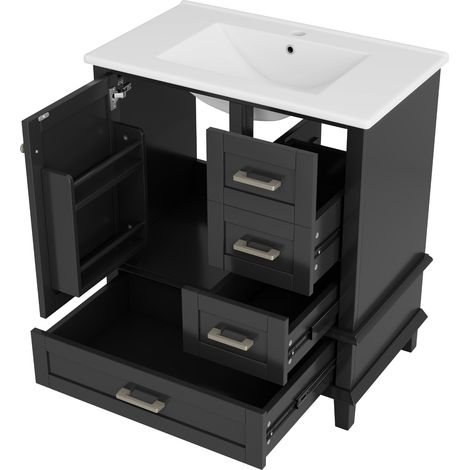 76x46x83,5cm meuble de salle de bains simple, entièrement laqué, étagère de porte, trois tiroirs silencieux, étagères réglables, lavabo en céramique intégré, noir (1/5)
