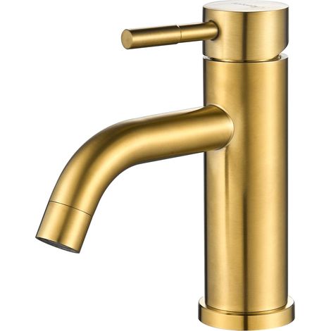 Mitigeur lavabo moderne 1 trou – Or brossé, inox – Poignée unique – Vasque, salle de bain (Sans bonde) (1/5)