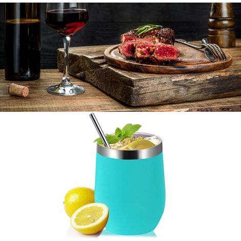Tasse + Paille + Goupillon + Couvercle + Goupillon Swig Egg Cup en acier inoxydable, forme créative en U, 35 cl, pour vin rouge, bleu lac (1/5)