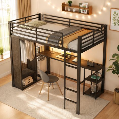 Kinder-Hochbett 90x200 cm aus Metall und MDF in Schwarz mit Schreibtisch – MEUBLIV (1/5)