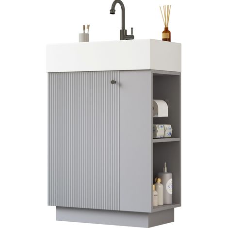Meuble sous lavabo 55 cm gris avec vasque en céramique, porte soft-close, porte-papier amovible et rangement pratique pour petites salles de bain CHICFURN (1/5)