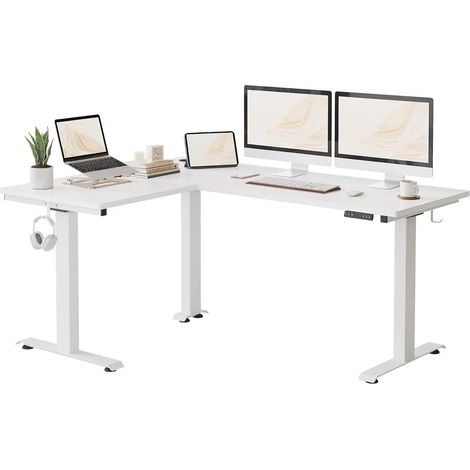 Höhenverstellbarer L-Form Schreibtisch 160x120cm Weiß Rahmen/Tischplatte (1/5)