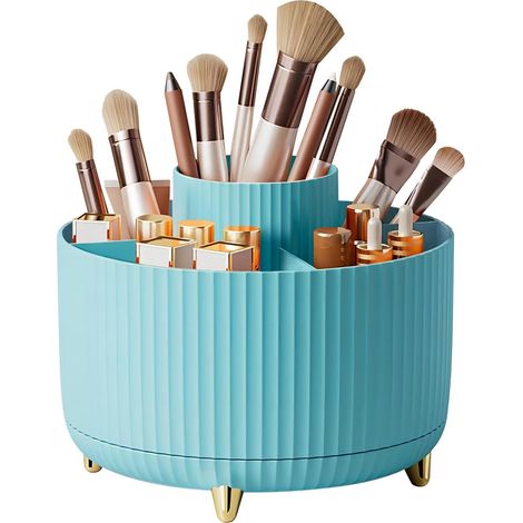 1 - Organisateur Maquillage - Rangement Rotatif 360° - 5 Compartiments pour Cosmétiques et Pinceaux - Usage Salle de Bain et Coiffeuse - Bleu - 25x25x30cm