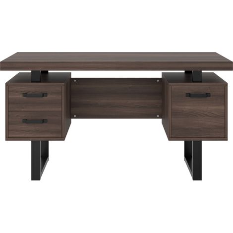 Bureau simple 135 x 54 cm en MDF et acier, surface spacieuse, tiroirs silencieux et rangement pour dossiers, couleur brun foncé (1/5)
