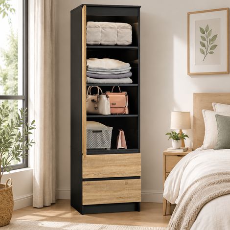 Armoire de Chambre 180 cm, 1 Porte et 2 Tiroirs, Penderie avec Rangement pour Vêtements, Façade Haute Brillance, Noir Brown (1/3)
