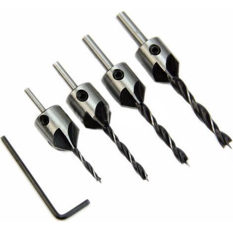 Juego de 4 brocas de chaflán HSS para madera y acero, de 5 estrías, de 3 a 6 mm.