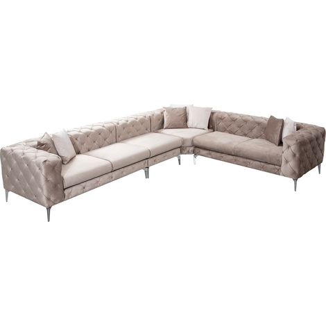 Canapé d'angle droit capitonné velours crème et pieds chromés Herakles 270cm (1/5)