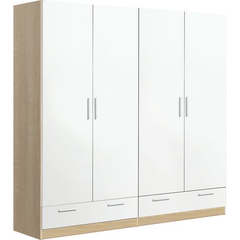 Pegane – Armoire penderie 4 portes 2 tiroirs chêne cambrian blanc – Dimensions 202 x 51 x 200 cm – Panneaux mélaminés durables