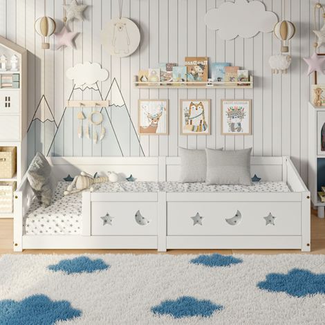 Lit Simple 90x200 cm, pour Enfant en Bois Massif de Pin, Lit à Barreaux Étoiles et Lunes, Lit Caban, avec Protection Anti-Chute et Sommier à Lattes - Blanc