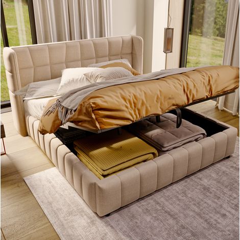 Lit coffre 180 x 200 cm avec sommier à lattes, système de rangement pneumatique, beige OKMYHOME (1/5)