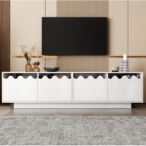 Meuble TV 170 cm avec 4 portes et étagères en verre, blanc, pour appartement et hôtel (1/5)