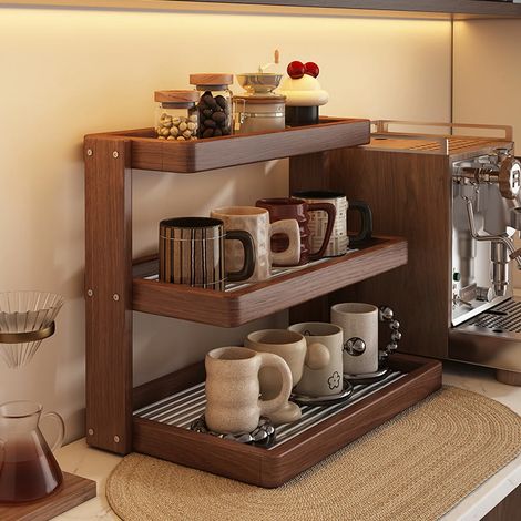 Étagère de Rangement de Cuisine à 3 Niveaux en Bois – Organiseur de Plan de Travail pour Tasses, Épices, Café et Vaisselle