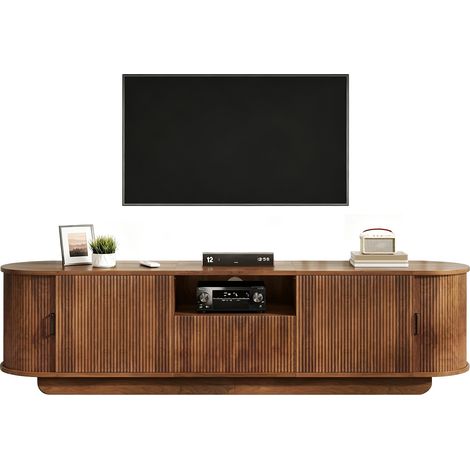 Meuble TV bas 180 cm avec portes coulissantes, façade ondulée 3D, tiroir et niche ouverte, rangement salon moderne en bois foncé et style contemporain – CHICFURN (1/5)
