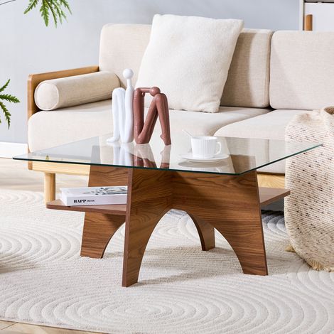 Tavolino da caffè 80x80x40 cm, in vetro temperato, struttura in MDF effetto noce, trasparente e marrone (1/5)