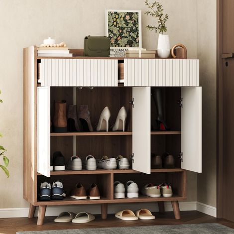 Meuble à chaussures, 90x35x100 cm, buffet d'entrée avec 3 portes et 2 tiroirs, commode de rangement en bois style scandinave, Blanc et Bois (1/5)