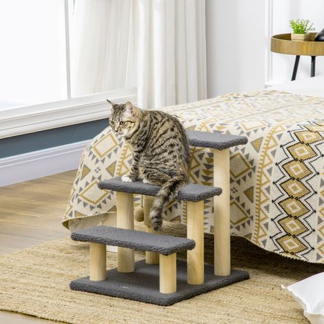 Escalera para gatos PawHut, rascador, tres peldaños, pelota de juego, color gris y madera, 45 x 40 x 48 cm (1/5)