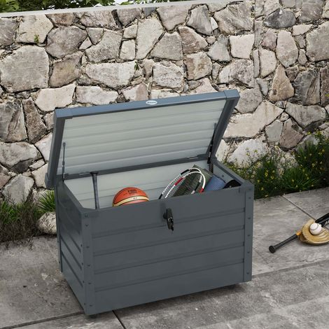 Coffre de jardin 100 x 62 x 65 cm, 295 L, coffre de rangement extérieur sur roulettes, avec poignées et serrure, en acier galvanisé, gris foncé (1/5)