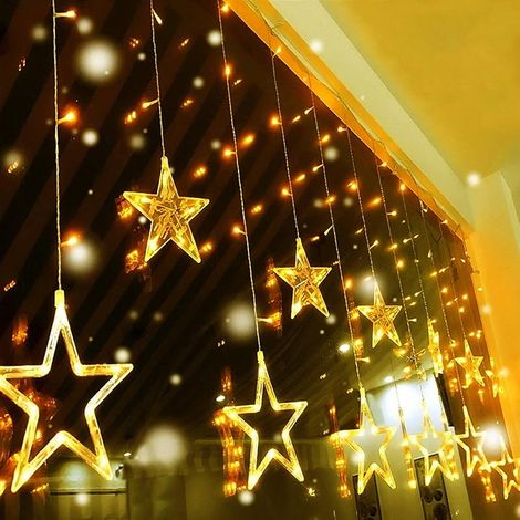 12 Étoiles Rideau/Guirlande Lumineux Murale Intérieur Extérieur CONNECTABLE 8 Mode Éclairage, avec 138 LEDs de Fête Noël Mariage Fenêtre Jardin Anniversaire Décoration, 2M Lumière Blanc Chaud (1/5)