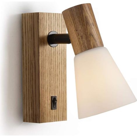 Vintage Wooden Wall Lamp with Switch, Glass Lampshade, White, Swivel, Industrial Design, Bedside Lamp, Living Room, Stairs, Hallway, E14 (1/5)