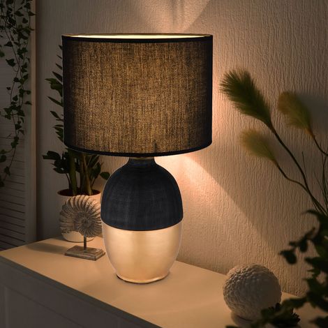 Tischlampe Schlafzimmer Beistellleuchte schwarz Leselampe modern, Designleuchte Nachtlicht Textilschirm, Keramik gold, 1x E14 Fassung, DxH 25x43 cm