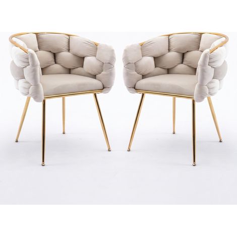 FurnitureR Lot de 2 chaises velours beige avec pieds métal doré, Chaises en velours beige avec dossier enveloppant rembourré et pieds dorés pour un confort élégant au quotidien (1/5)
