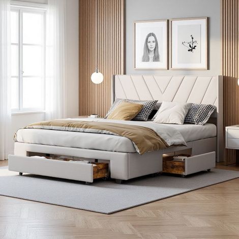 Cama Doble 160x200 - Cama Cofre para Adultos - Almacenamiento Invisible - Amplios Cajones - Estilo Minimalista Beige