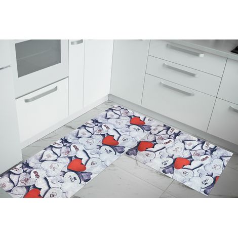 Set di 2 tappeti da cucina antiscivolo e lavabili in lavatrice passatoia multiuso Cuori - 50x90+50x180