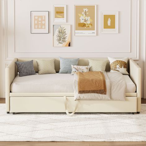 Tanant – Lit gigogne 90/180x200cm – Canapé-lit capitonné extensible – Velours beige – Structure durable – Pour petits espaces – Confort optimal