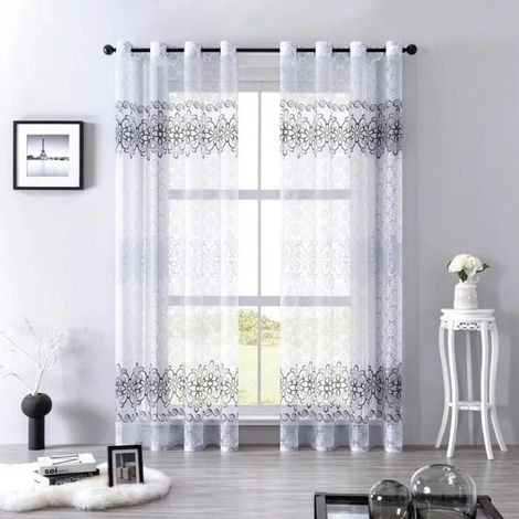 Lot de 2 Rideaux Voilage à Oeillets 140 x 260 cm Blanc et Gris pour Salon ou Chambre (1/3)