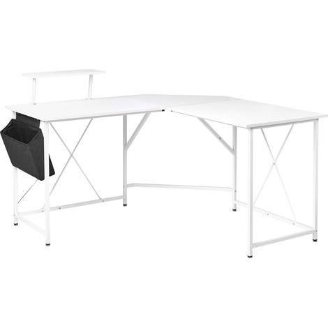 Scrivania angolare con gambe e struttura in ferro verniciato a polvere Ampia postazione di lavoro Spazio ampio Aggiungi tasca laterale Piano in MDF Bianco Tacony
