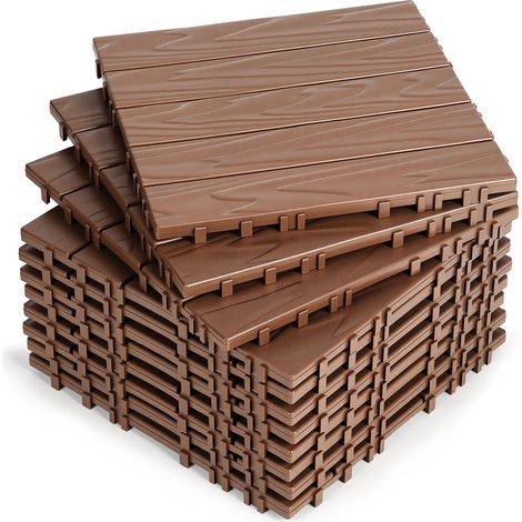 Jiubiaz 11 Stück Terrassenfliesen 1 qm, 30x30cm Kunststoff Fliesen Klickfliesen Balkonfliesen Holzoptik Gestreift, Wetterfest, Anti-Rutsch, Braun 5-Streifen (1/5)